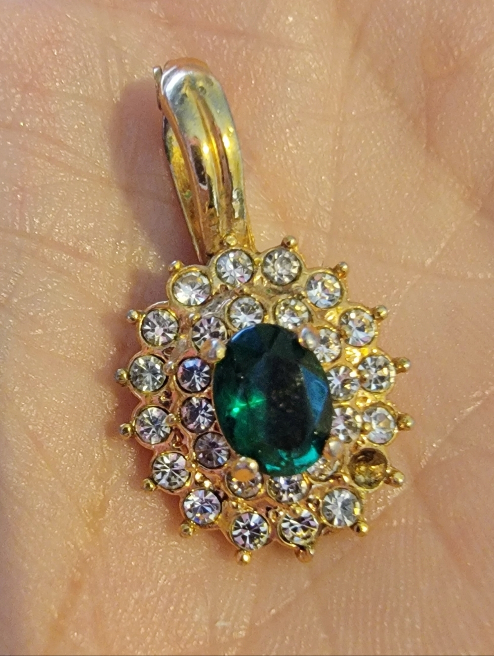 #Vintage #ROMAN Signed Emerald Green Glass & Rhinestones #Pendant #Enhancer
